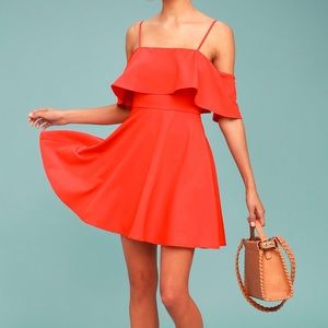Lulus Coral Red Off-the-Shoulder Skater Dress